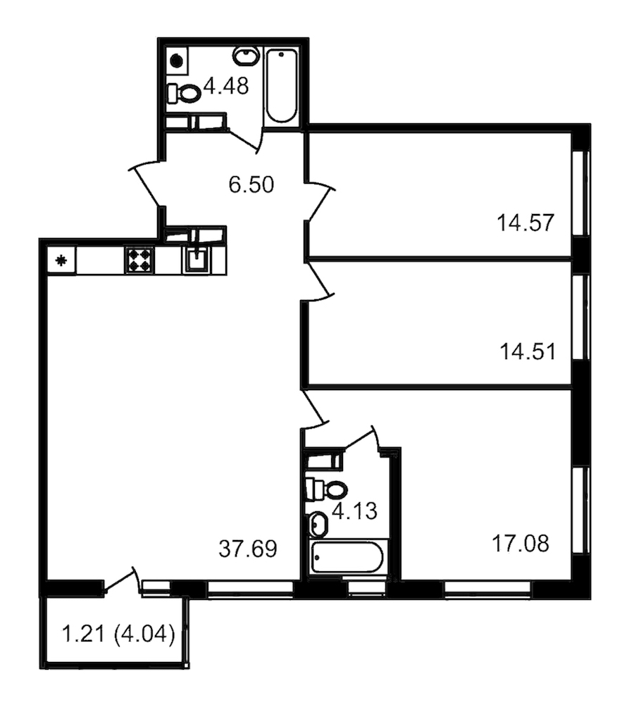 3-комнатная квартира 98.96 м², 11/12 эт., ЖК «Чёрная речка»
